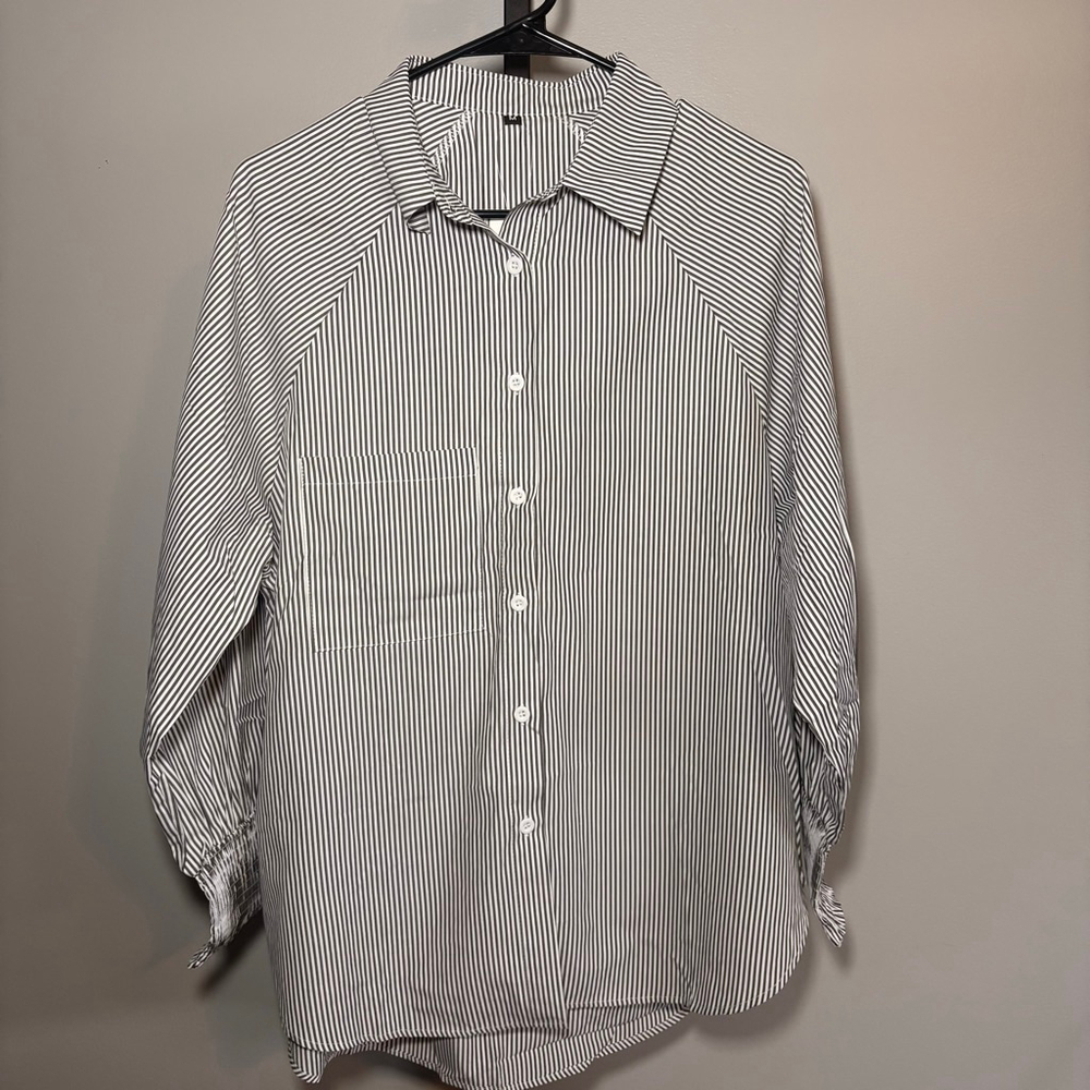 Women's LEMAFAR Striped Button Down‎ Shirt M White Black